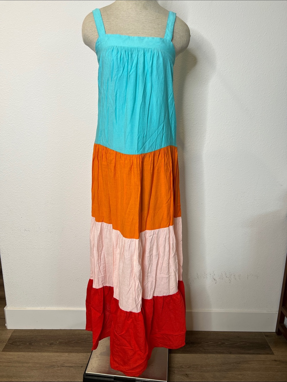 Aura Tiered Colorblock Maxi Dress in Aqua, Orange, Pink and Red